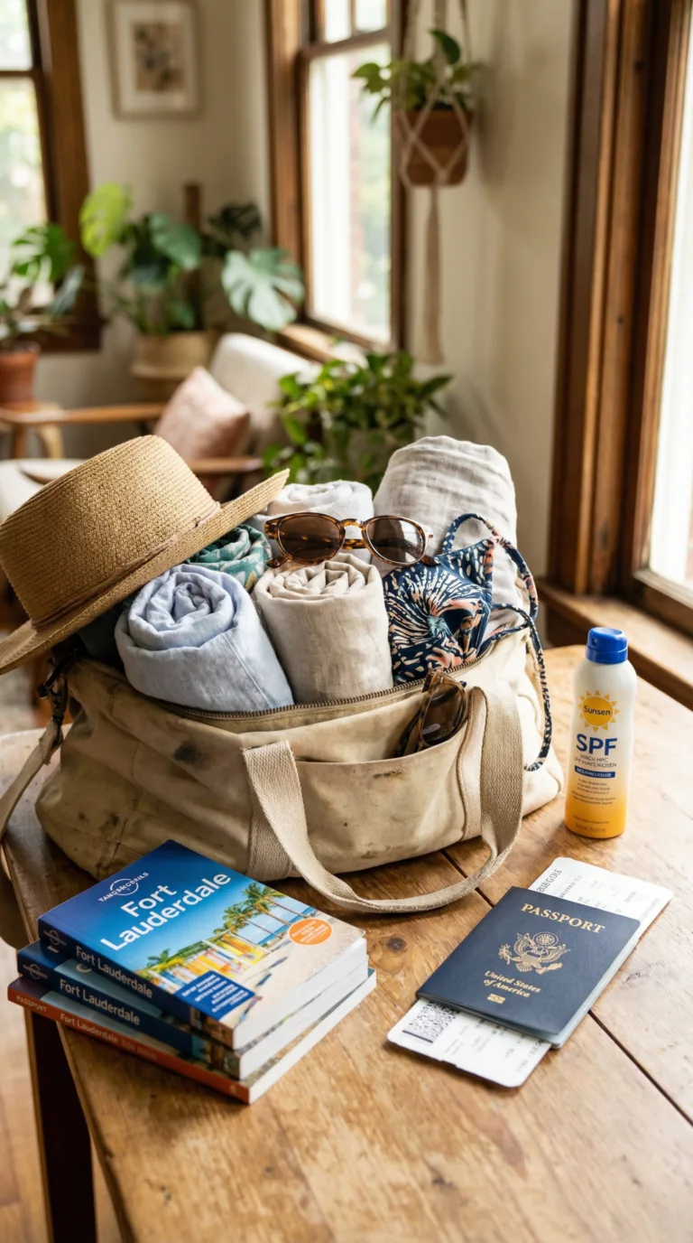 Travel essentials for Fort Lauderdale vacation including sunscreen and beach gear