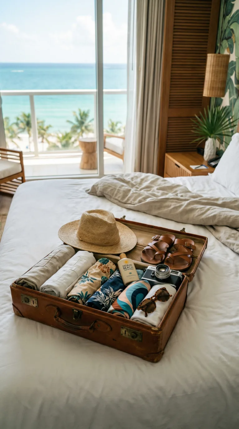 Travel suitcase with Miami beach essentials and summer clothing in hotel room