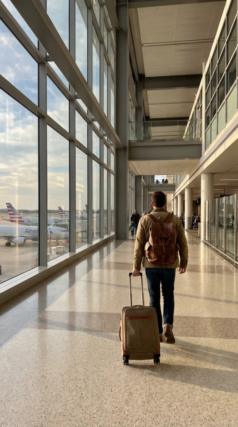 Traveler arriving at Dallas Fort Worth International Airport terminal