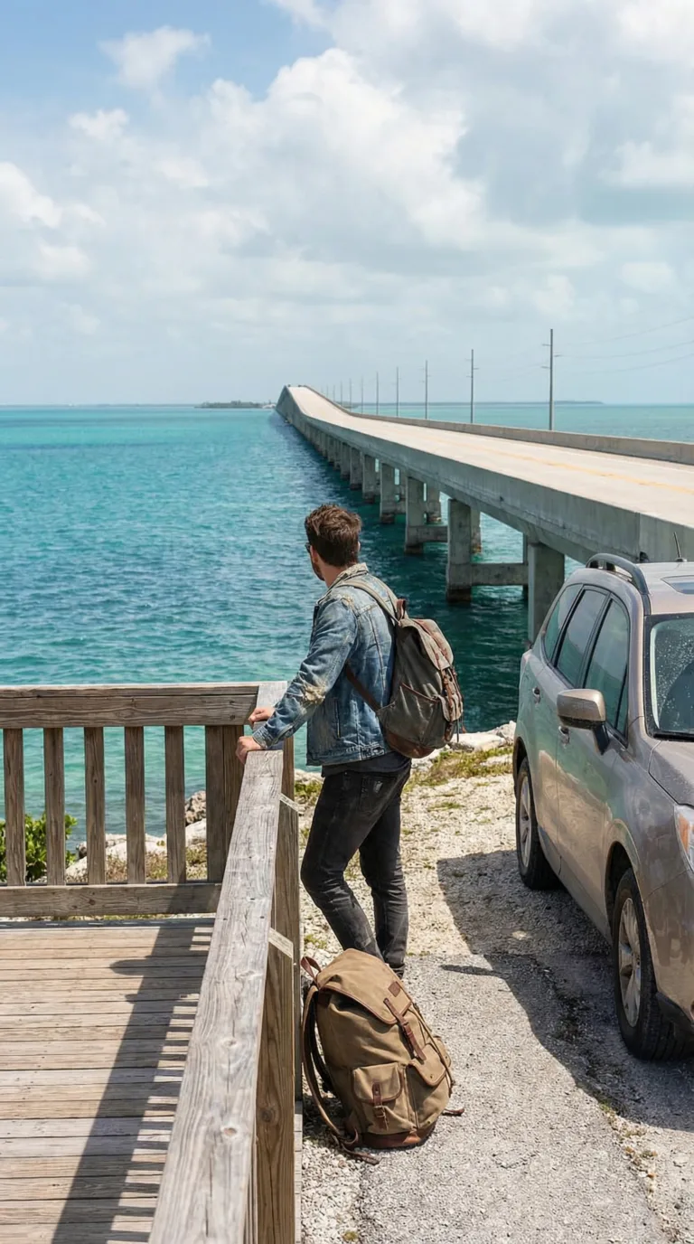 Traveler at Florida Keys Overseas Highway overlook viewing Seven Mile Bridge over turquoise water