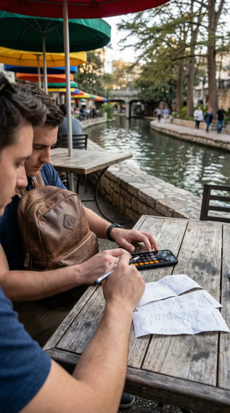 Traveler budgeting expenses at San Antonio River Walk café