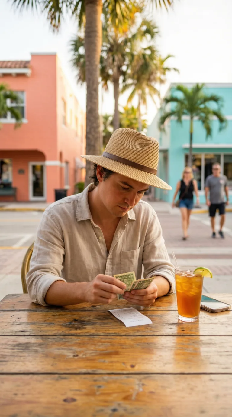 Traveler budgeting money at outdoor Florida café with palm trees and colorful buildings