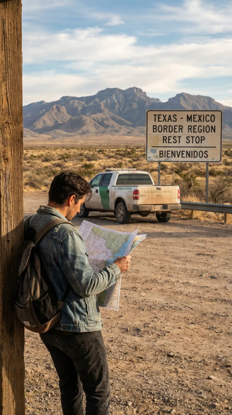 Traveler checking map near Texas Mexico border region
