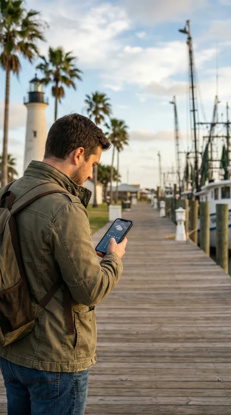 Traveler checking Port Isabel Texas weather forecast at waterfront with palm trees