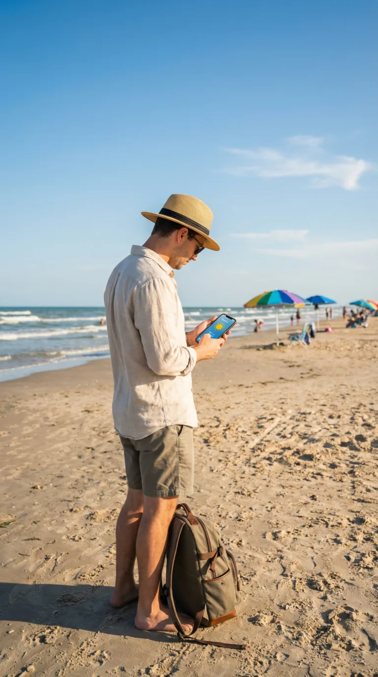 Traveler enjoying sunny weather on Corpus Christi Beach with blue skies
