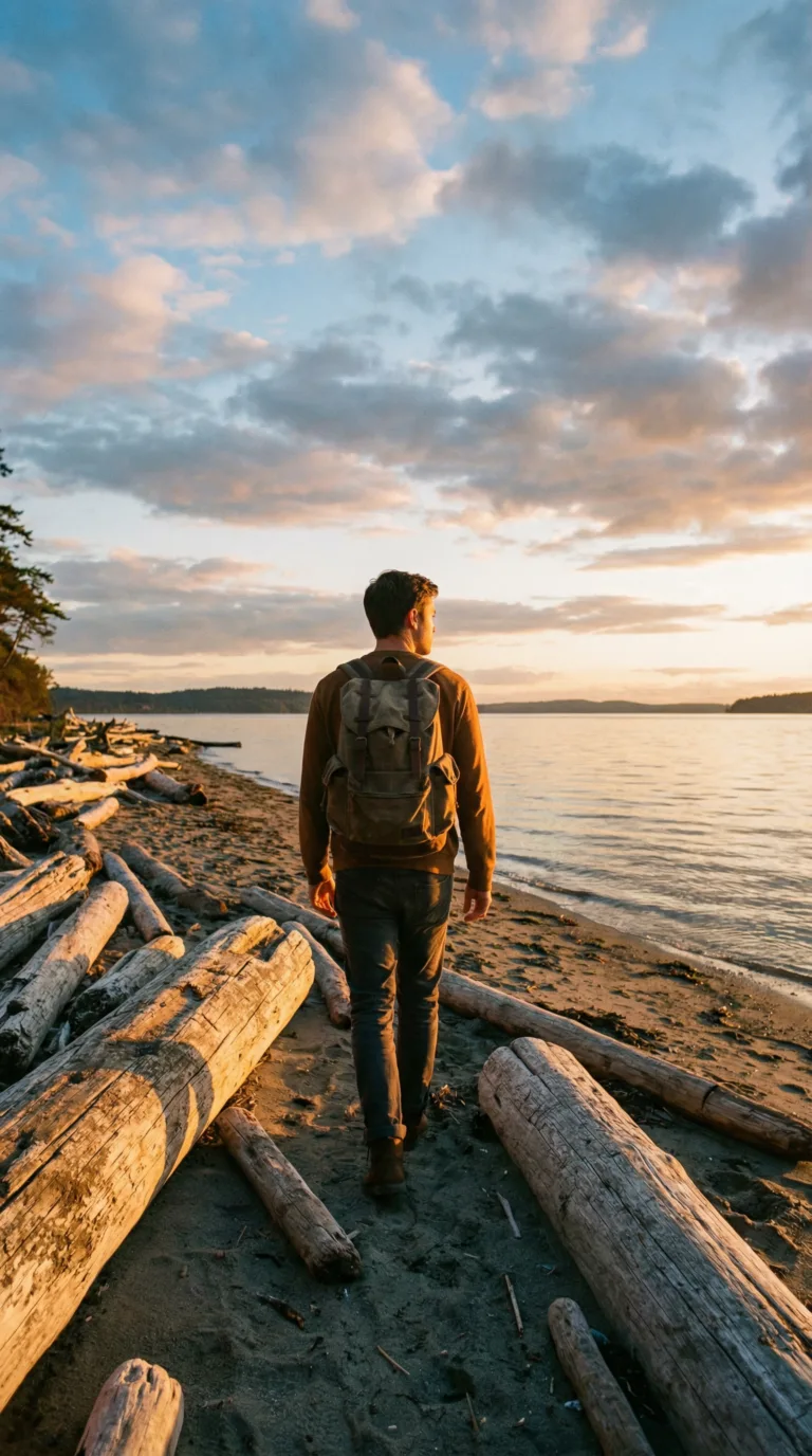 Traveler exploring Whidbey Island beach during pleasant weather with Puget Sound views