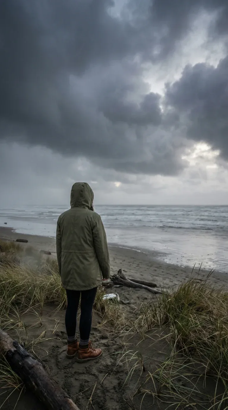Traveler in rain jacket on misty Oregon Coast beach with storm clouds