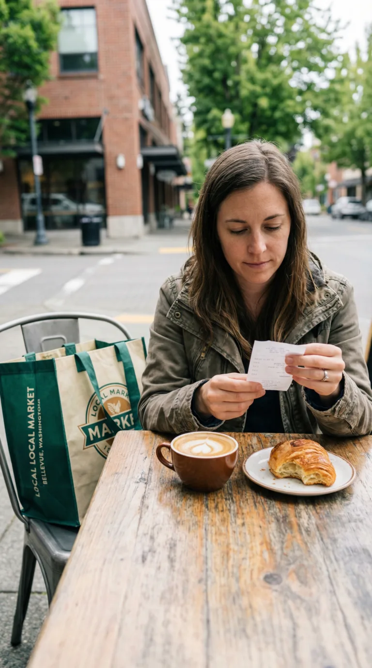 Traveler managing budget at Bellevue cafe with shopping bags