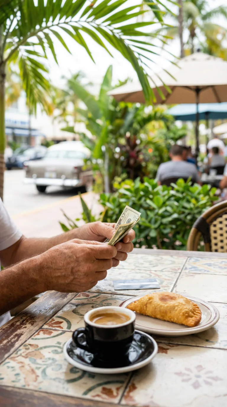 Traveler managing budget with cash and card at Miami café with Cuban coffee
