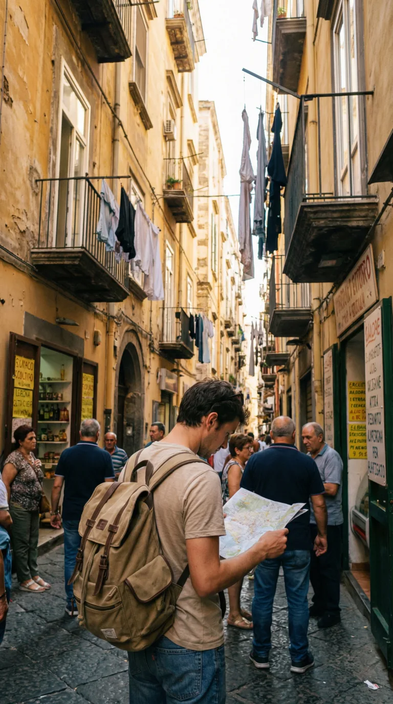 Traveler navigating Naples Italy historic center streets