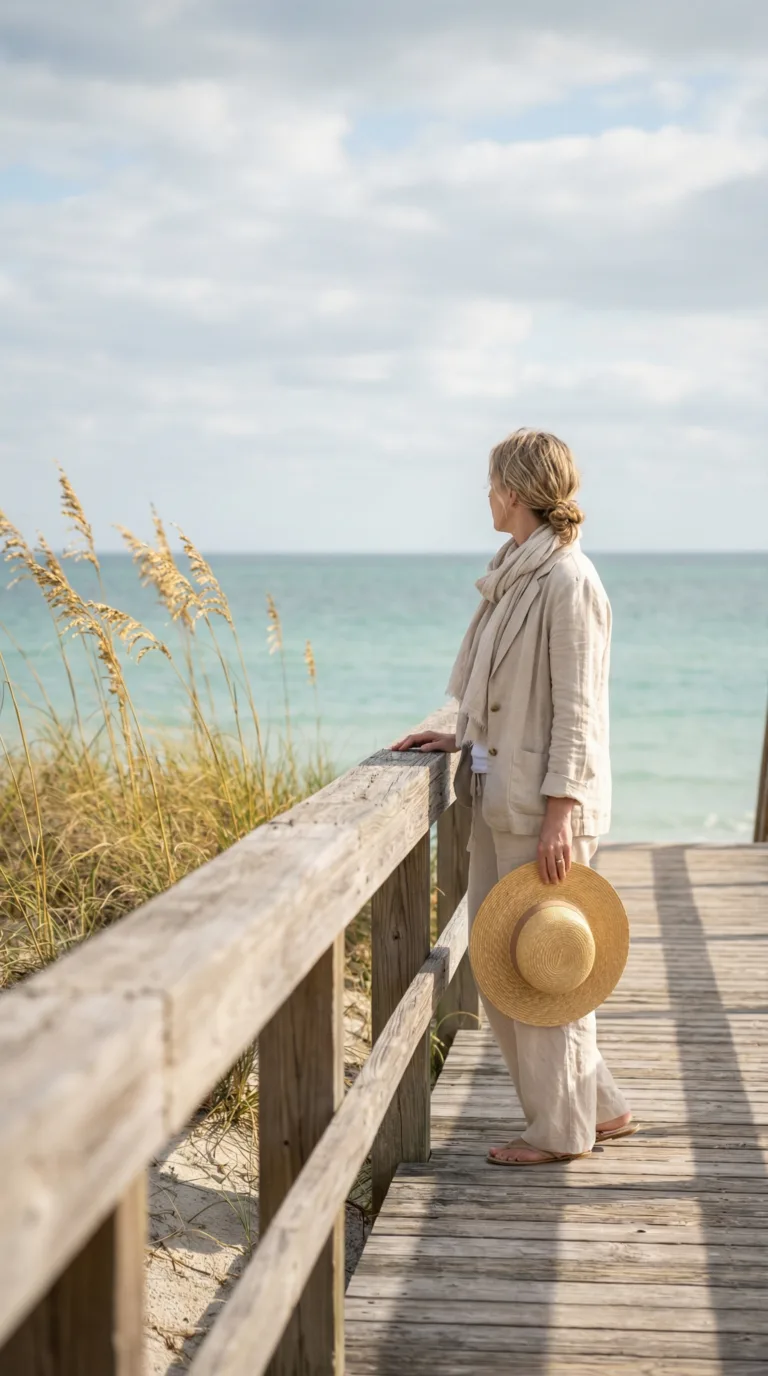 Traveler on Florida beach boardwalk in spring with turquoise water and partly cloudy sky