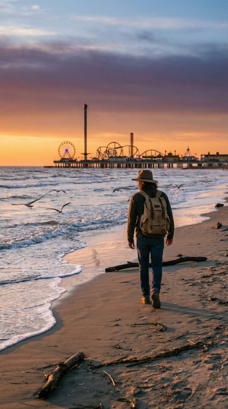 Traveler on Galveston Island beach at sunset with Pleasure Pier