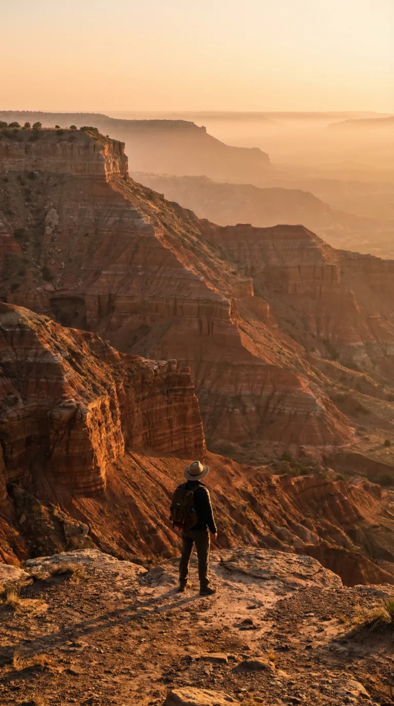 Traveler overlooking Palo Duro Canyon at sunrise in Texas