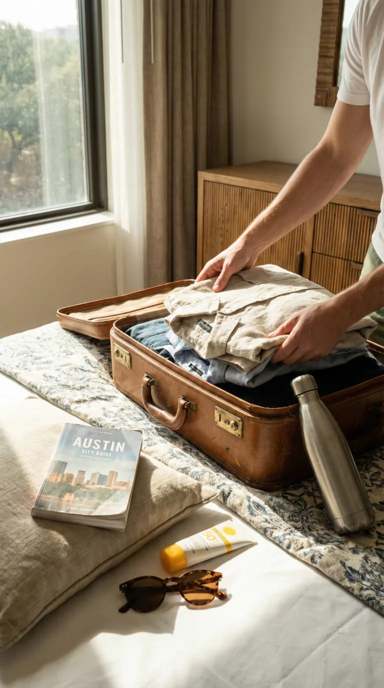 Traveler packing essentials for Austin trip including sun protection and light clothing