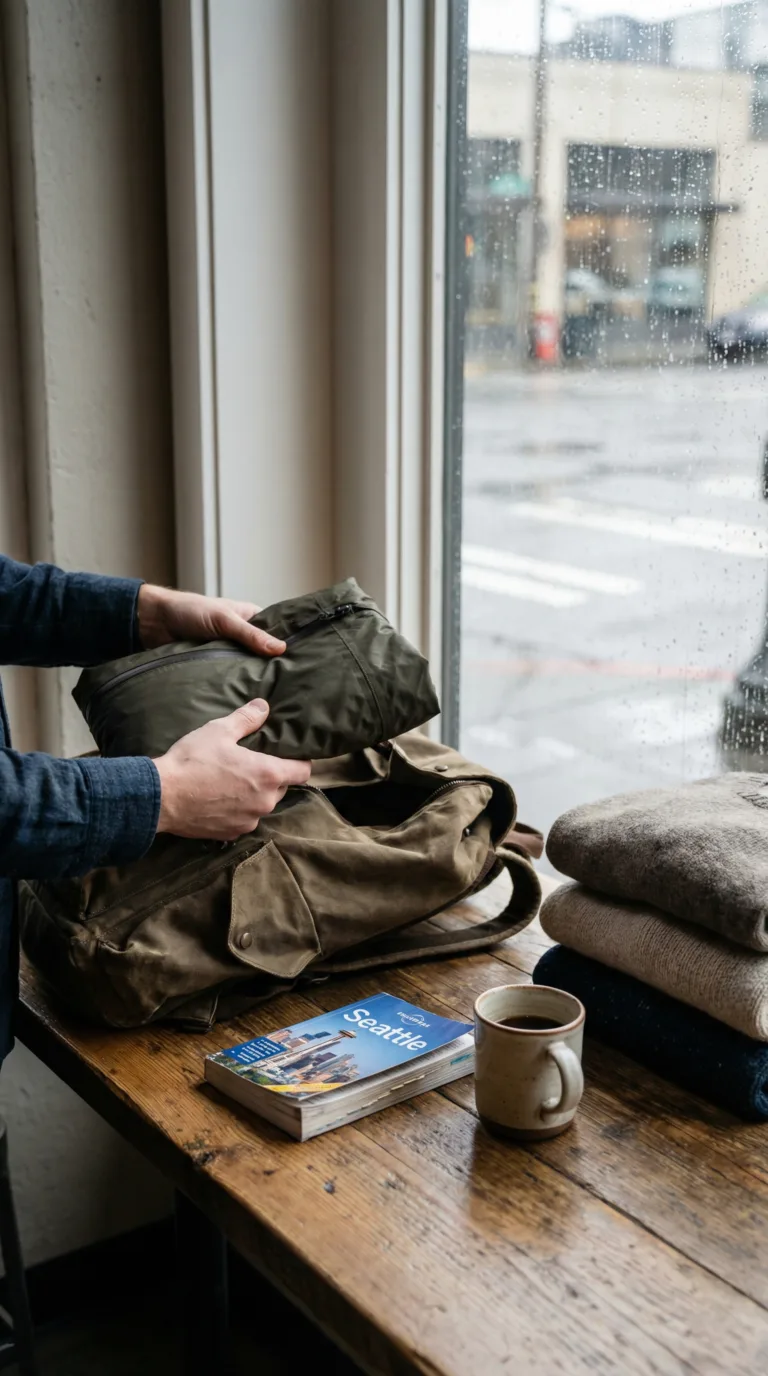 Traveler packing rain jacket and layers for Bellevue trip