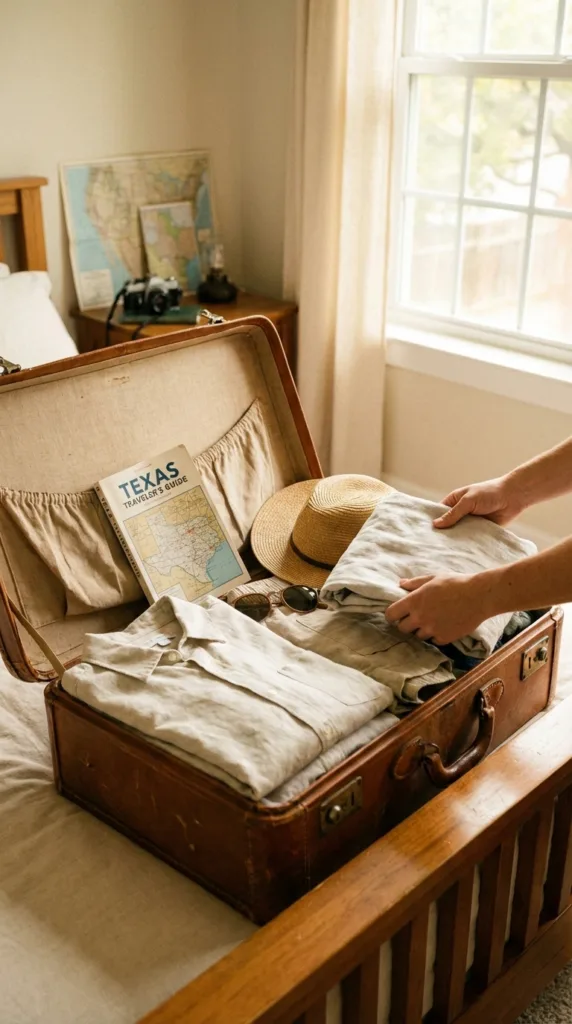 Traveler packing suitcase with Texas guidebook and summer clothing for Dallas trip