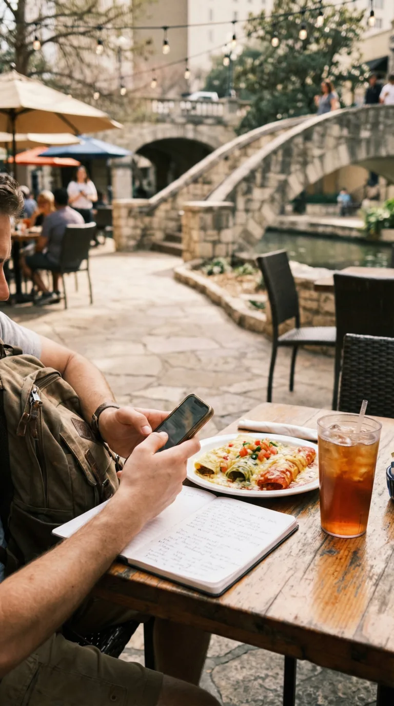 Traveler planning budget at San Antonio cafe with meal and smartphone