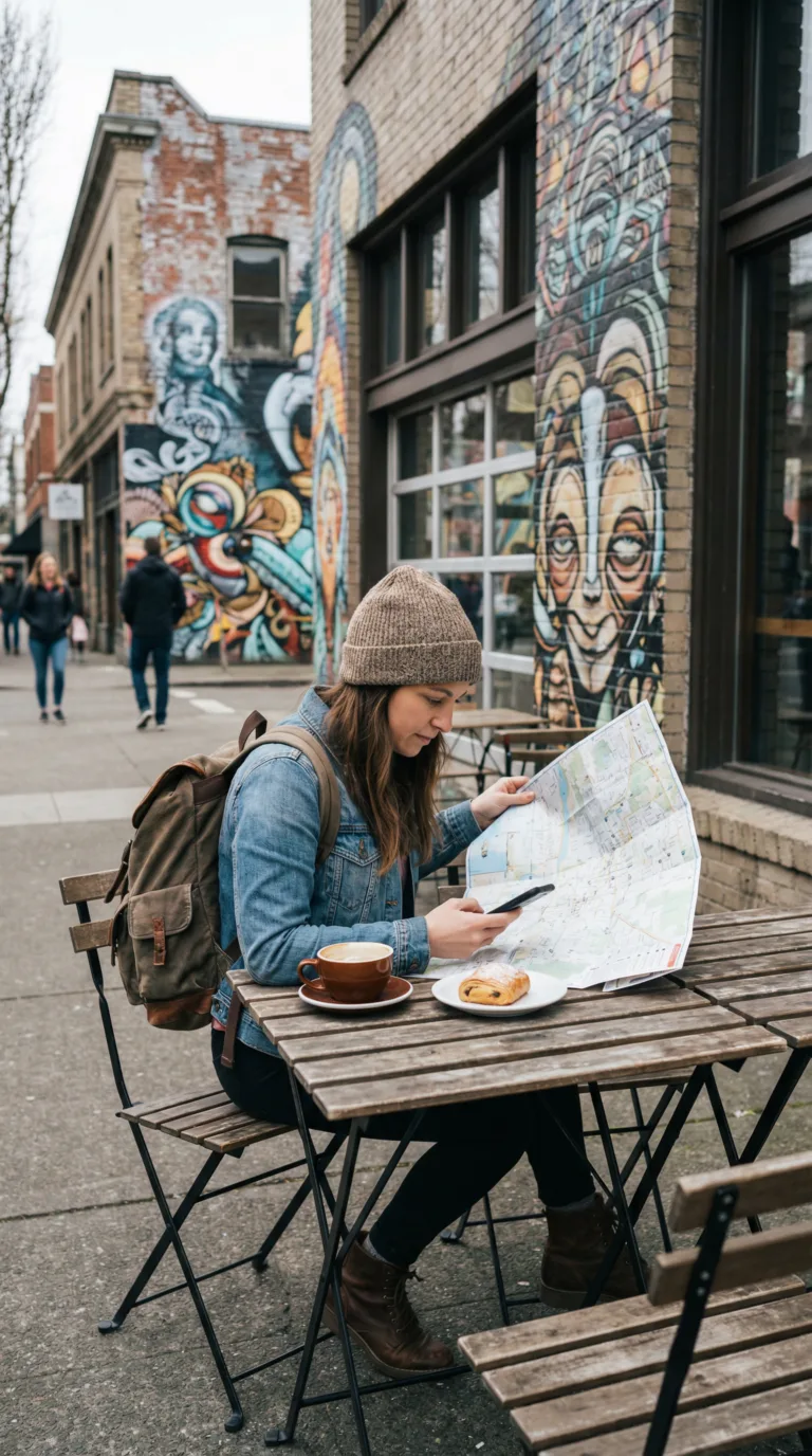 Traveler planning budget at Seattle café with map and phone