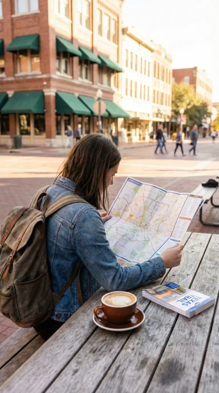 Traveler planning Fort Worth itinerary with map at downtown café