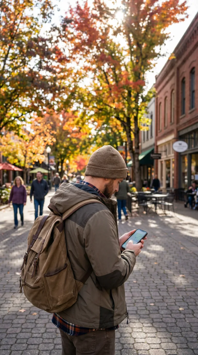 Traveler planning route in downtown Ashland Oregon plaza in autumn