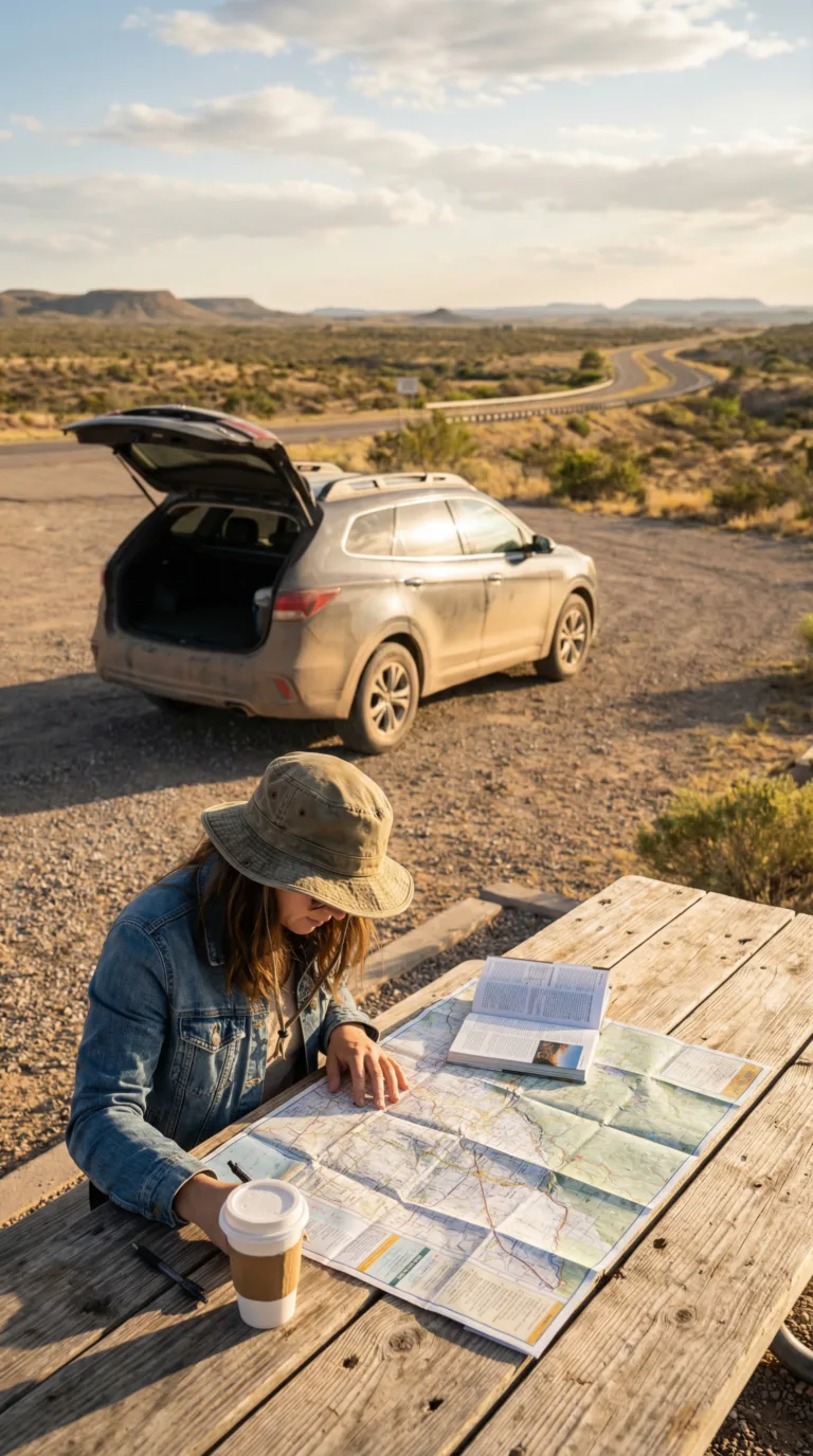 Traveler planning Texas road trip itinerary at rest stop