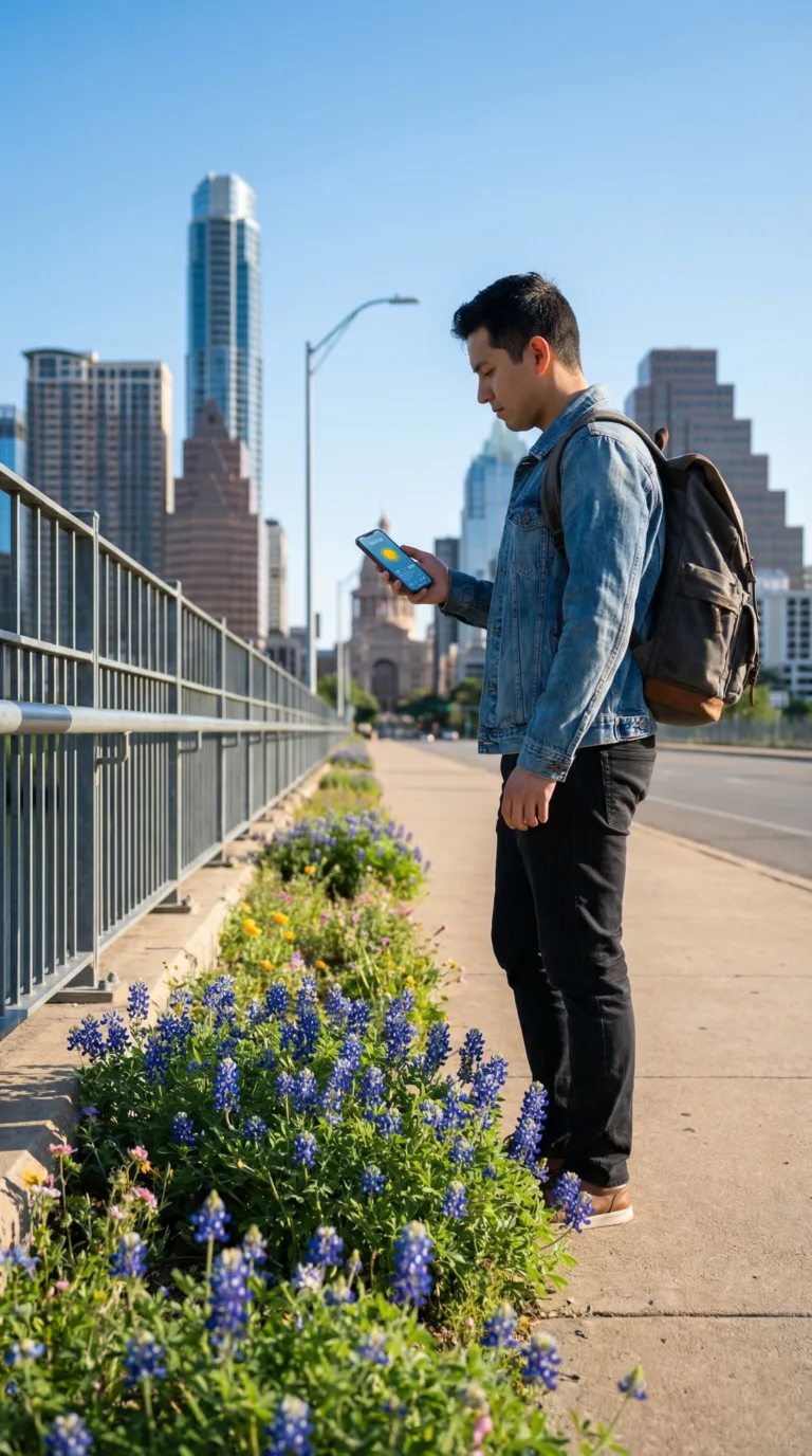 Traveler planning trip on South Congress Bridge Austin Texas in spring