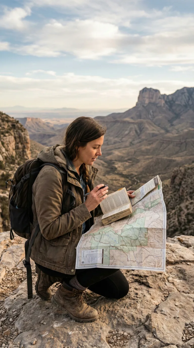 Traveler planning visit to Guadalupe Mountains National Park with map