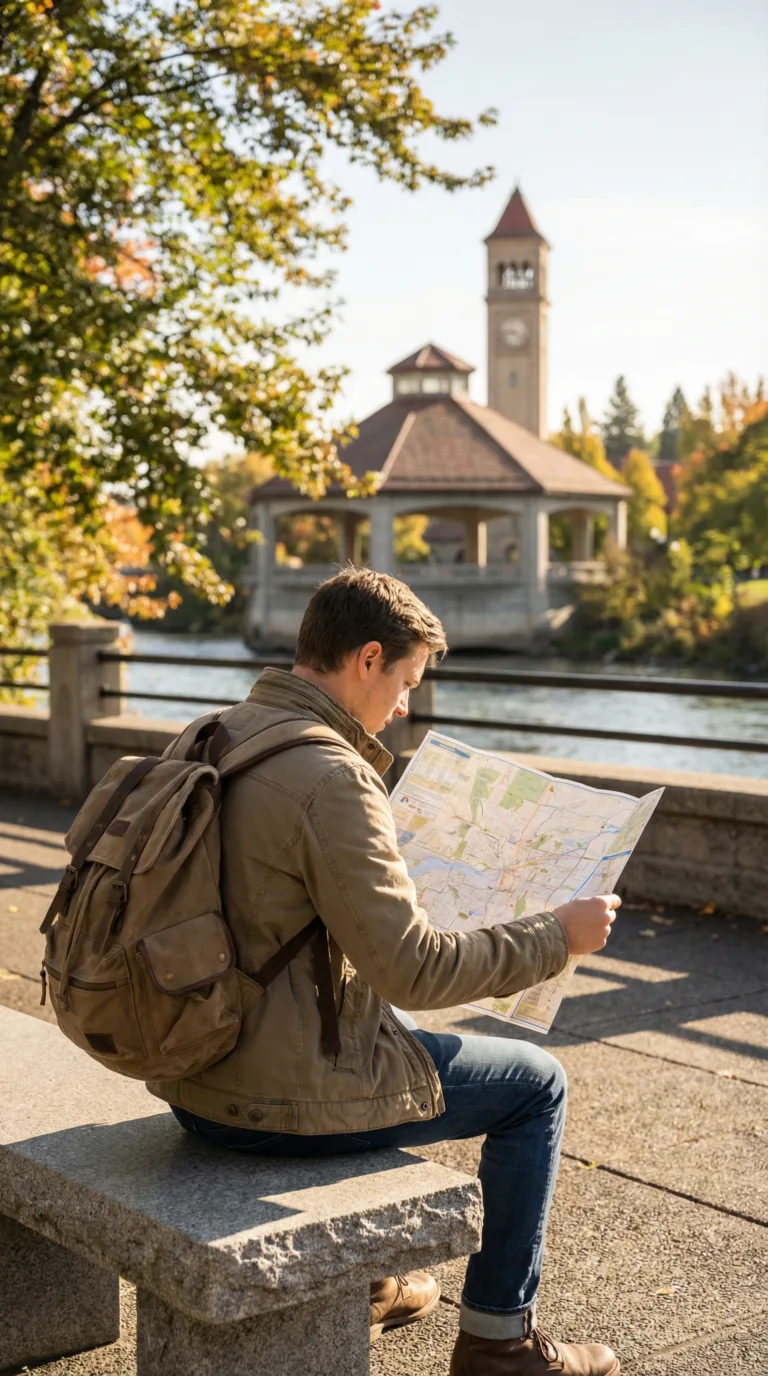 Traveler with backpack planning route in Spokane Riverfront Park