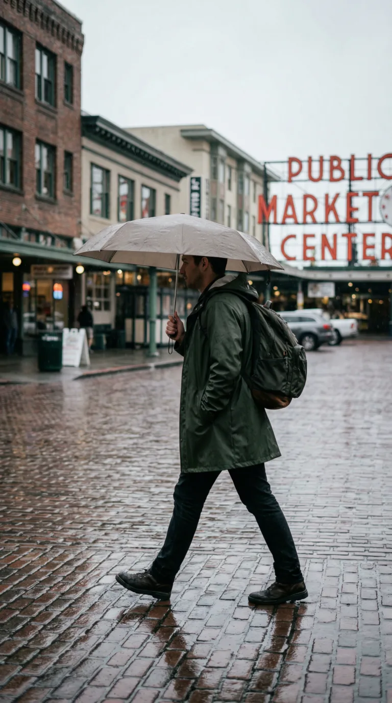Traveler with rain jacket walking through Seattle on typical overcast day