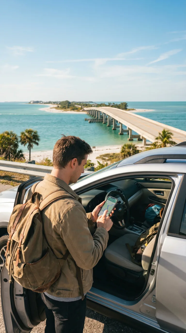 Traveler with rental car checking phone map at Florida coastal overlook with bridge in background