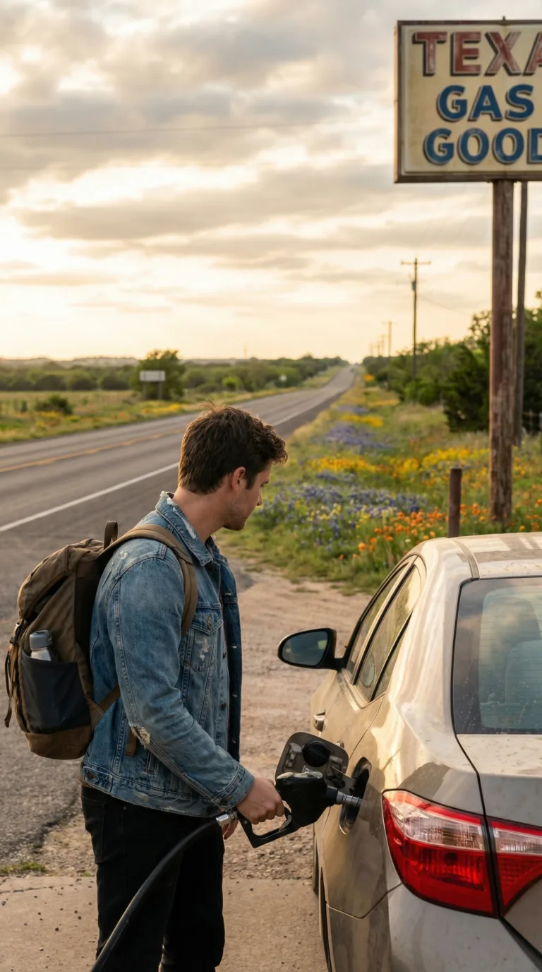 Traveler with rental car on Texas highway road trip