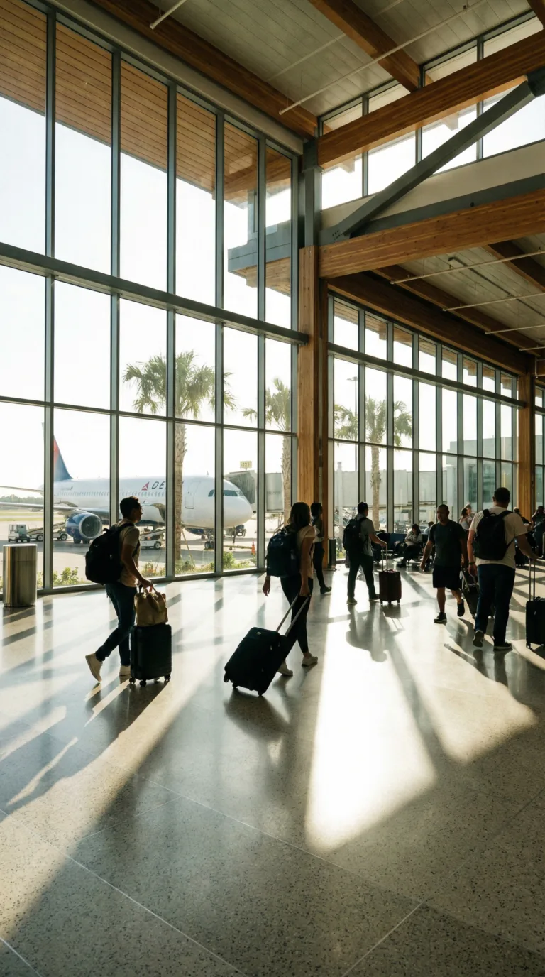 Travelers in Florida airport terminal with airplane visible through large windows and palm trees outside
