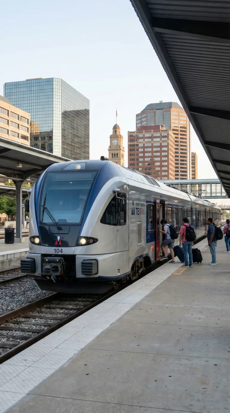 Trinity Metro TEXRail train at Fort Worth Central Station with downtown skyline