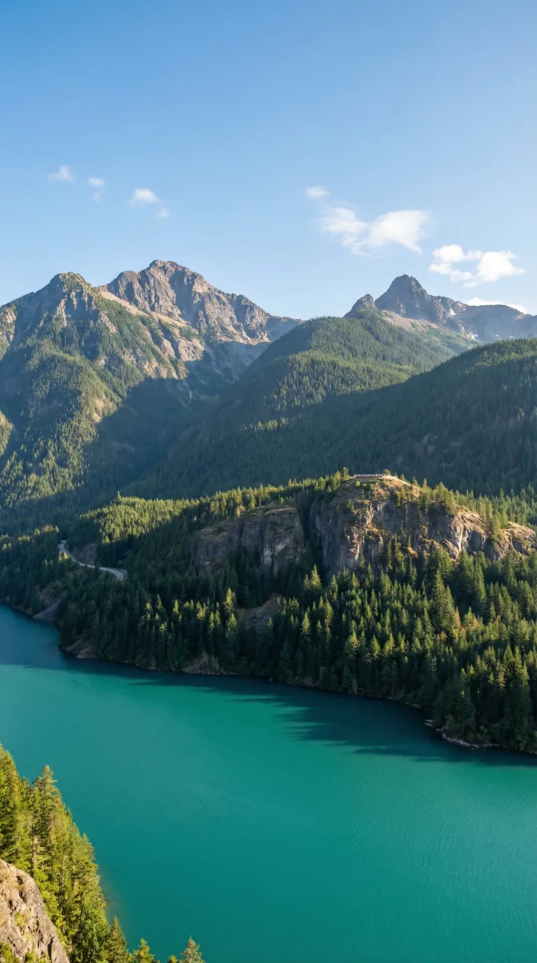 Turquoise waters of Diablo Lake surrounded by North Cascade mountain peaks
