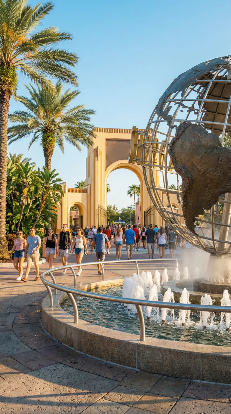 Universal Studios Orlando entrance with iconic globe fountain and palm trees
