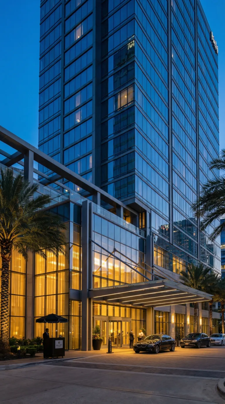 Upscale hotel exterior in Houston Galleria district at dusk