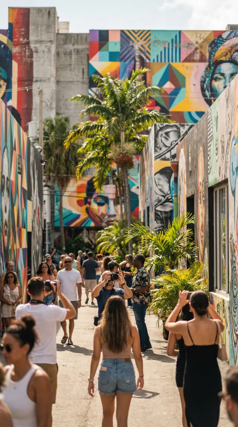 lively street art murals at Wynwood Walls with visitors exploring colorful graffiti