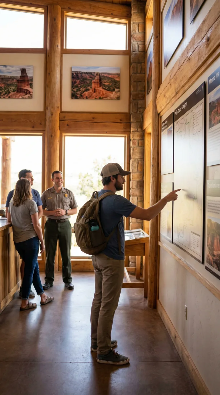 Visitor planning their Palo Duro Canyon trip at the park visitor center with maps and information