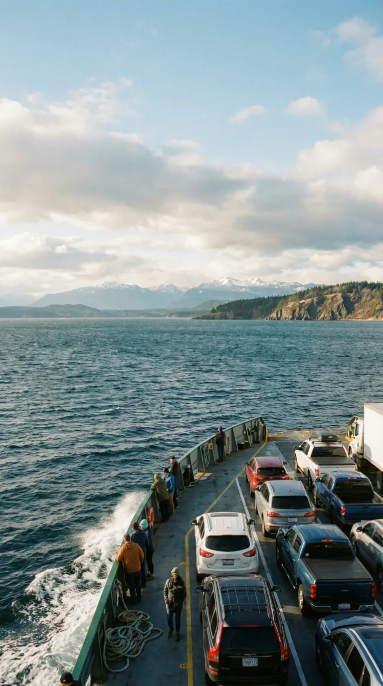 Washington State ferry crossing Puget Sound to Whidbey Island with mountain views