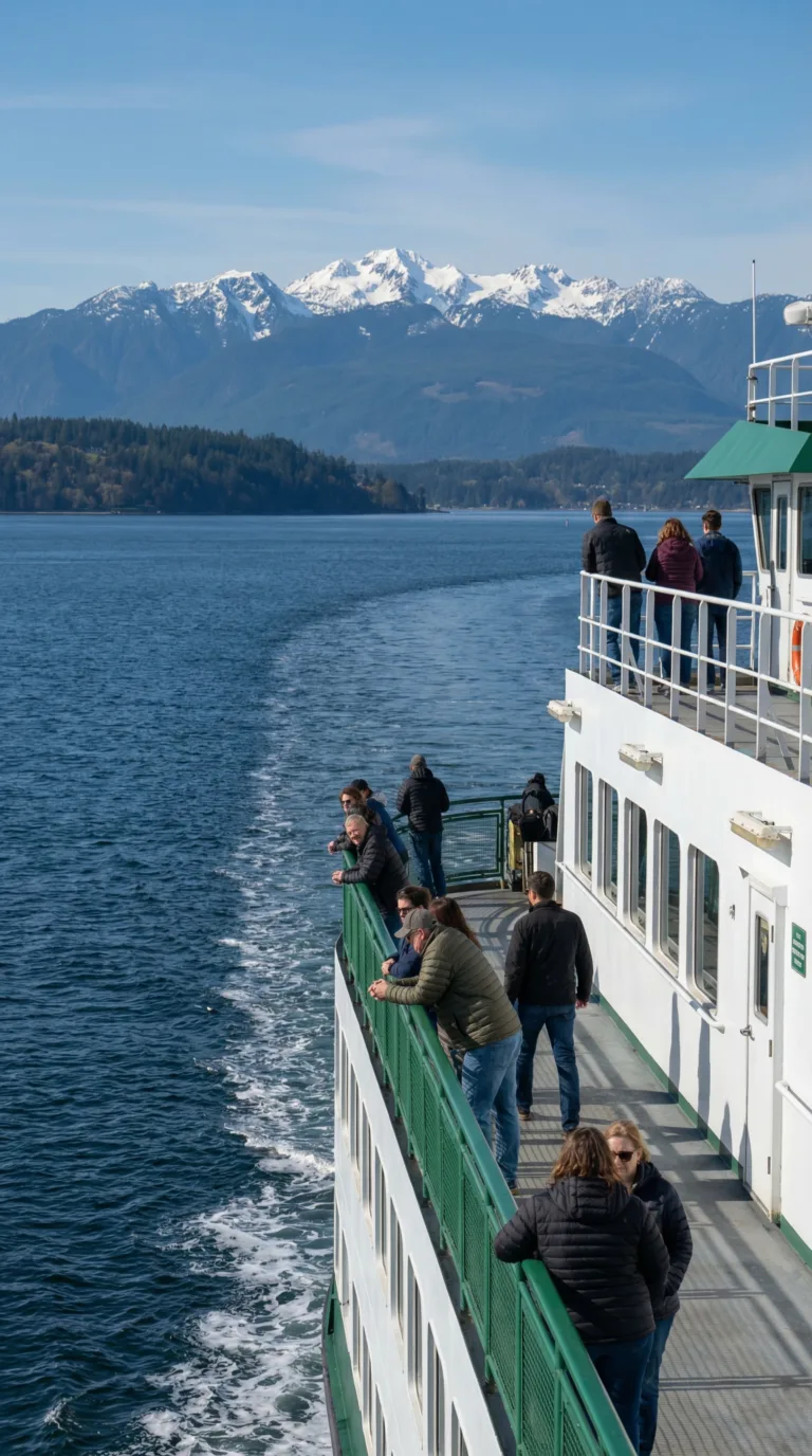 Washington State Ferry crossing Puget Sound toward Olympic Peninsula with mountains in background