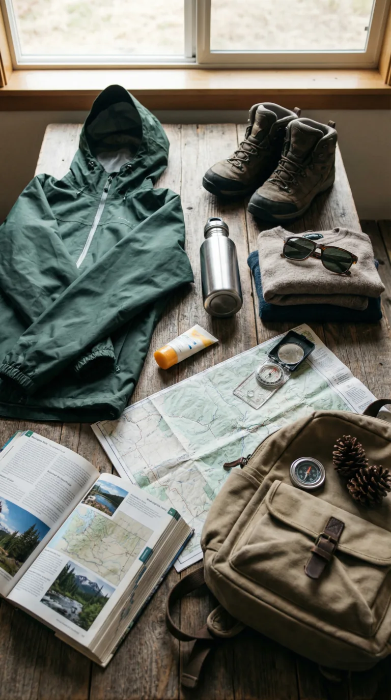 Washington State travel packing essentials flat lay