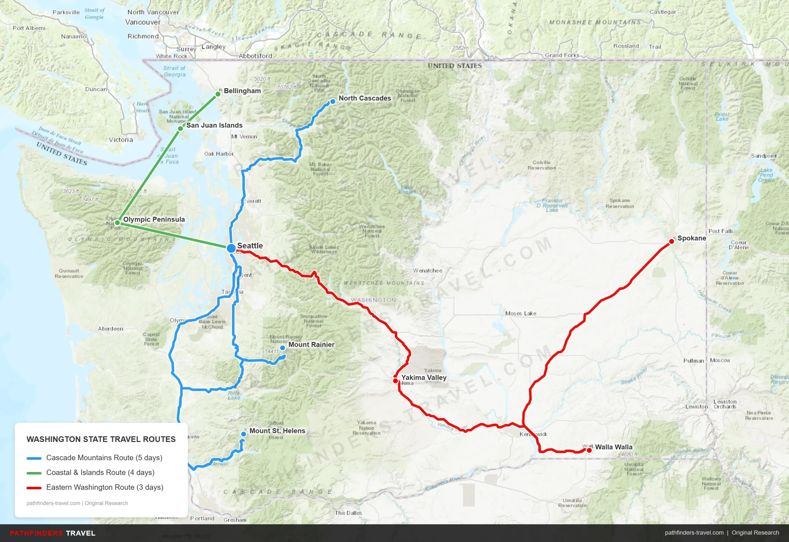 Map showing 3 travel routes across Washington State: Cascade Loop, Olympic Peninsula, and Eastern Wine Country