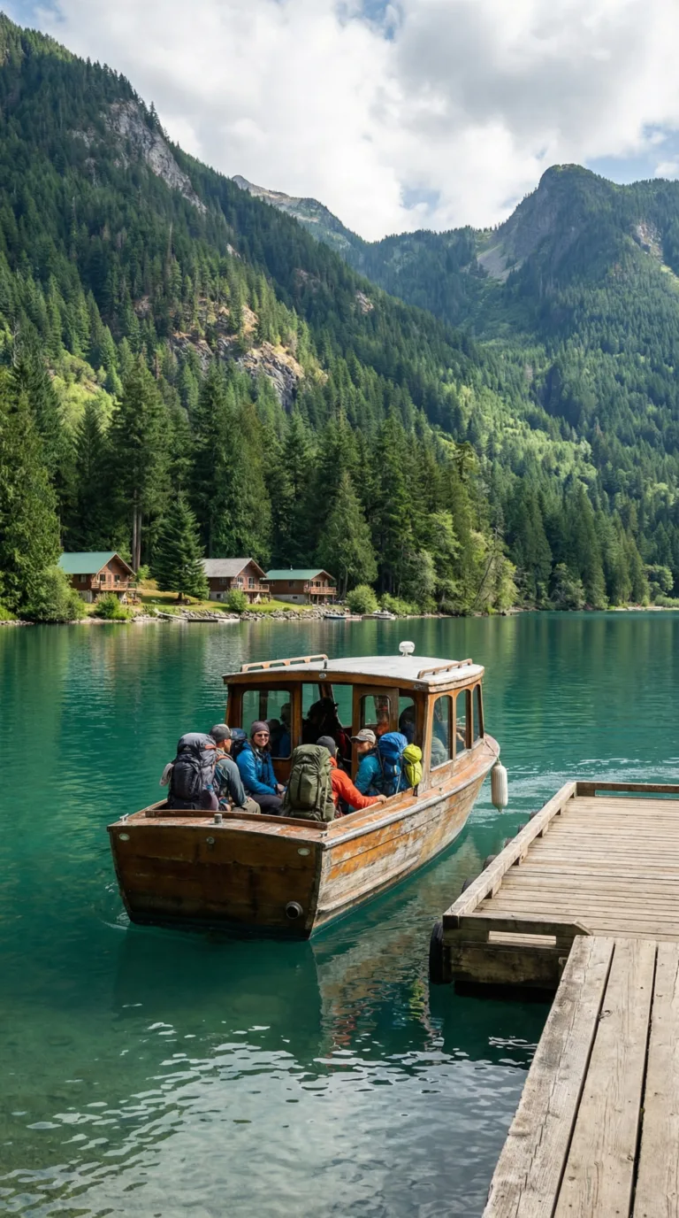 Water taxi boat transporting passengers to Ross Lake Resort dock