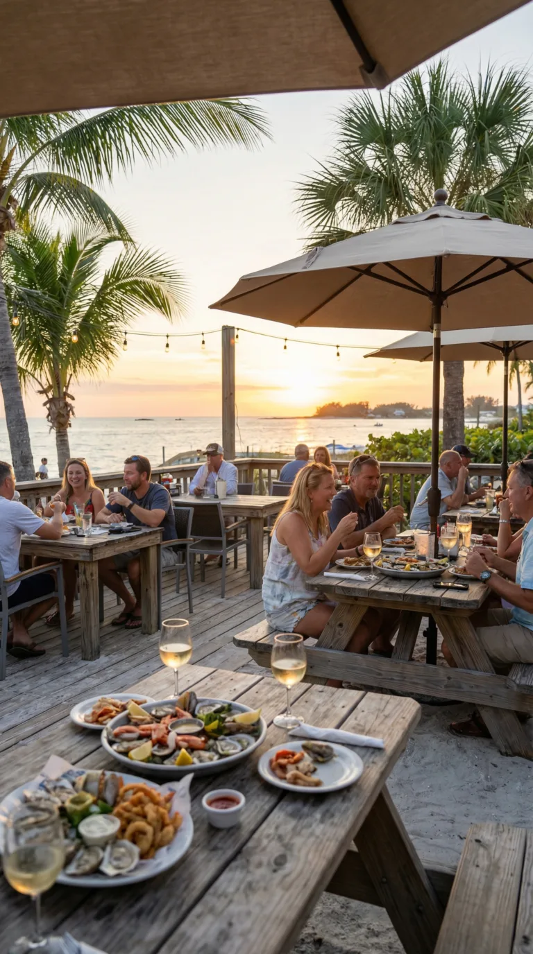 Waterfront restaurant on Anna Maria Island with outdoor seating and Gulf views at sunset