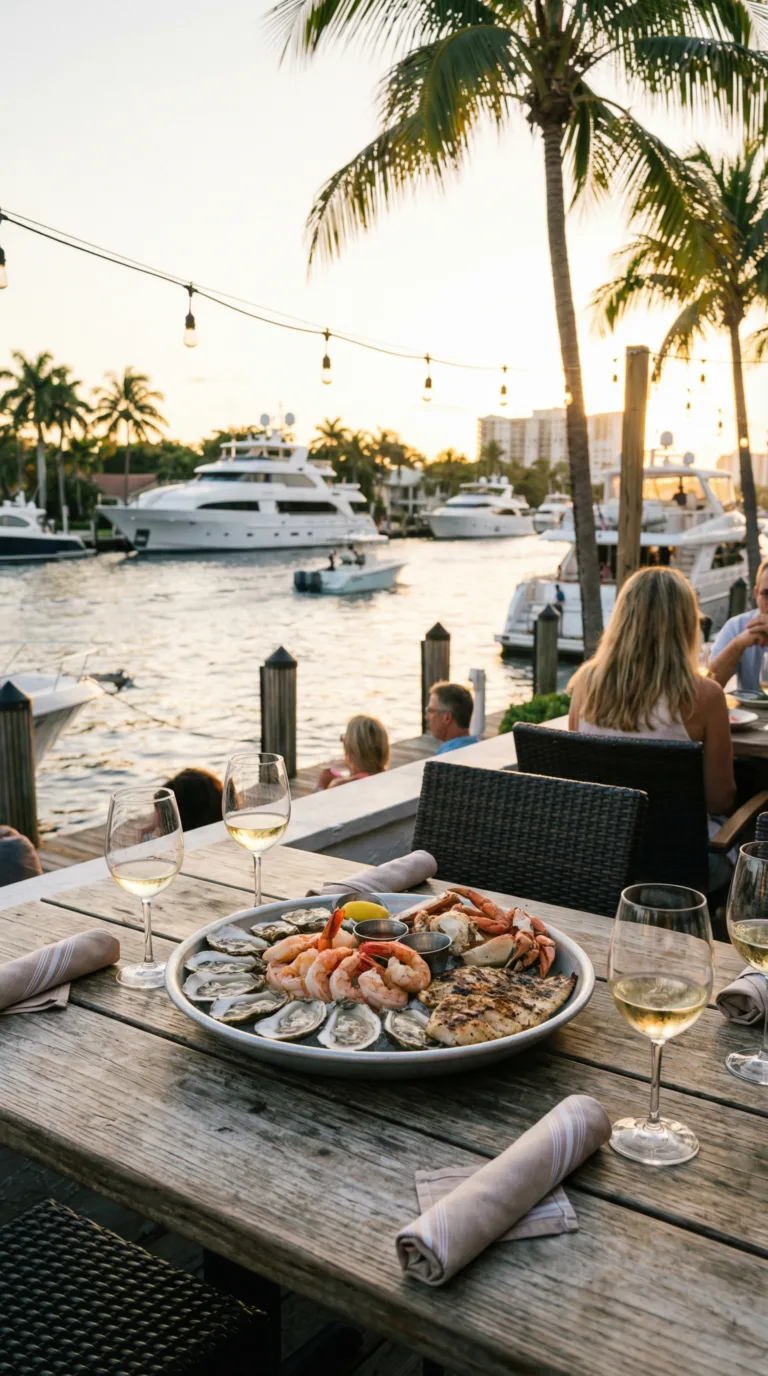 Waterfront seafood dining in Fort Lauderdale with ocean and yacht views