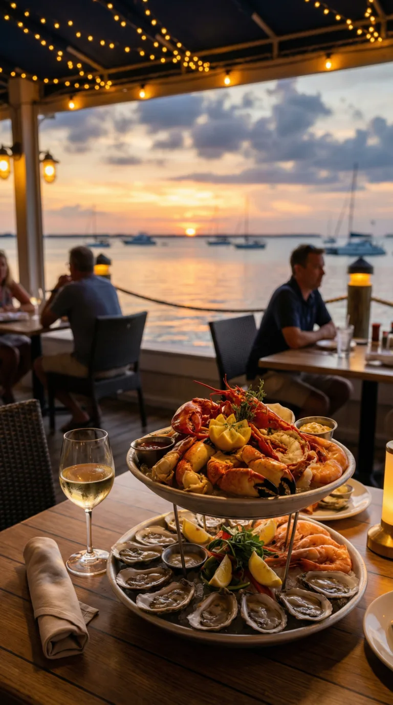 Waterfront seafood dining on Marco Island with Gulf sunset views