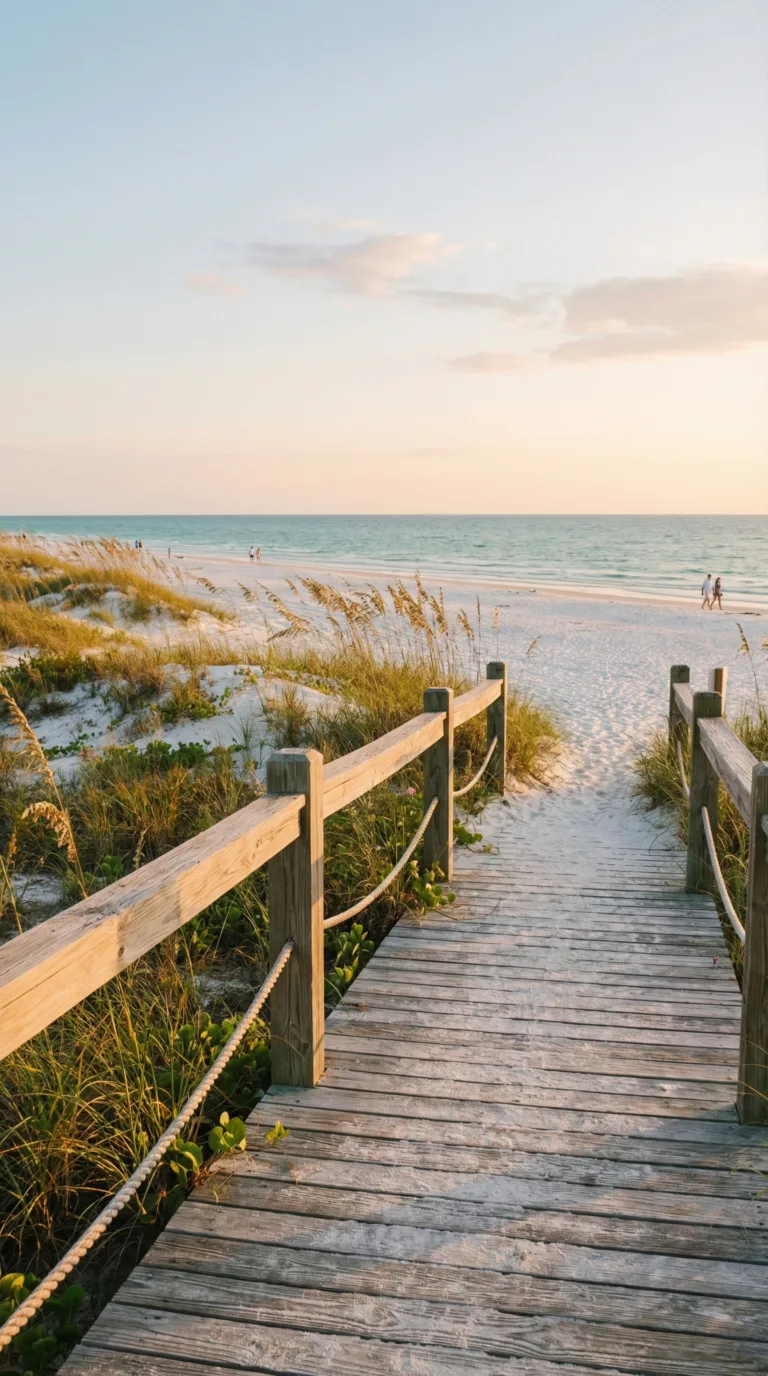 White sand beach boardwalk leading to calm turquoise Gulf waters on Florida's southwest coast