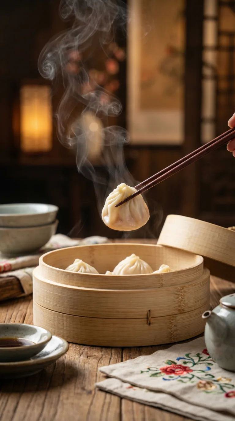 Xiaolongbao soup dumplings in bamboo steamer at Bellevue restaurant