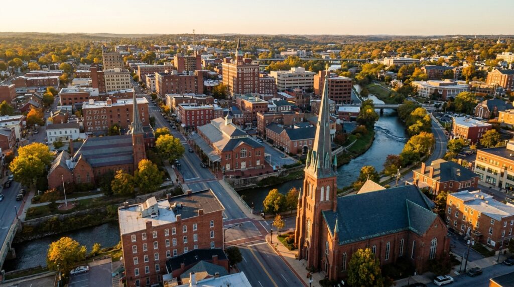 Aerial view of historic downtown York, Pennsylvania at sunset