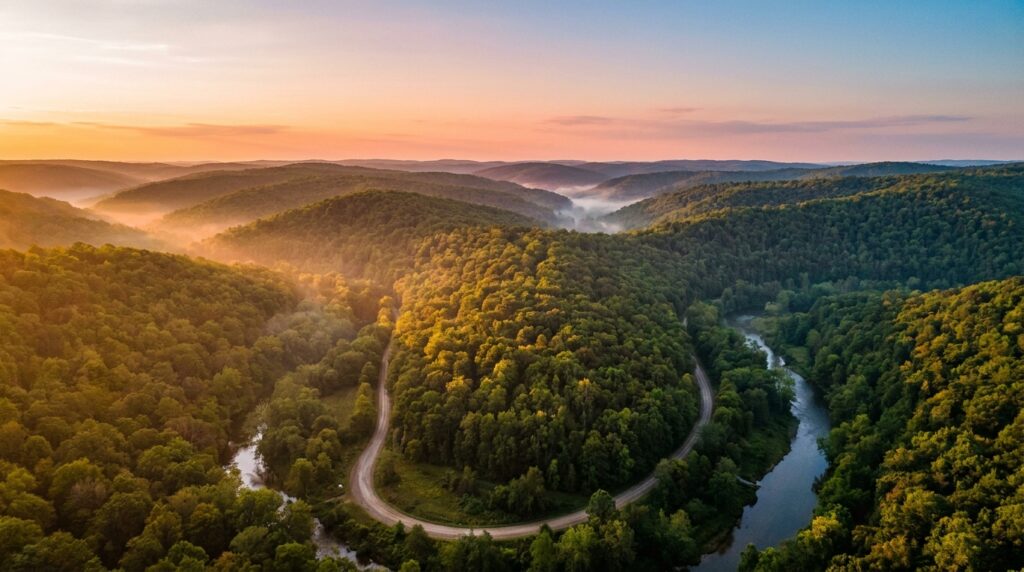 Allegheny National Forest Pennsylvania wilderness landscape with rolling forested hills and morning mist